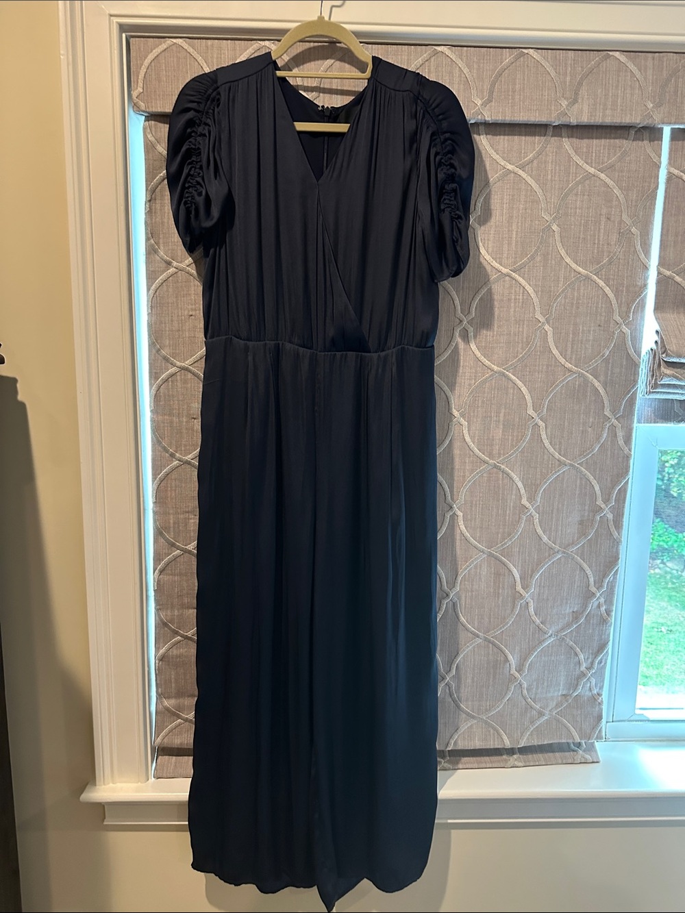 Greylin Navy V-Neck Jumpsuit with Ruched Puff Sleeves